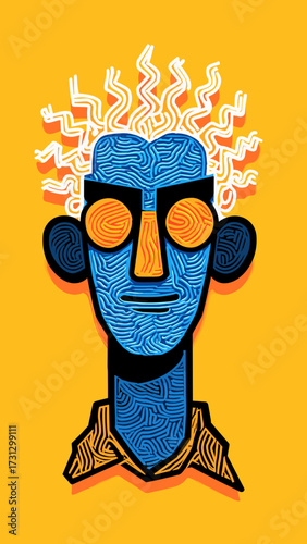 This vibrant abstract portrait features a stylized human face split into two contrasting color halves, with intricate swirled patterns adorning the hair and face. The left side of the face is dominate