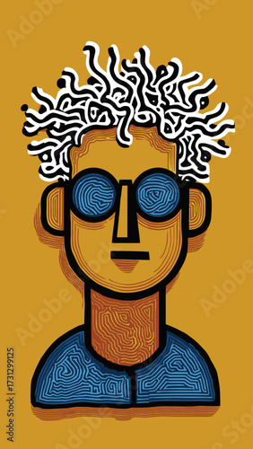This vibrant abstract portrait features a stylized human face split into two contrasting color halves, with intricate swirled patterns adorning the hair and face. The left side of the face is dominate