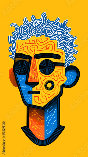 This vibrant abstract portrait features a stylized human face split into two contrasting color halves, with intricate swirled patterns adorning the hair and face. The left side of the face is dominate
