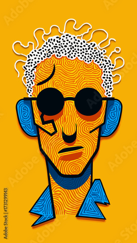 This vibrant abstract portrait features a stylized human face split into two contrasting color halves, with intricate swirled patterns adorning the hair and face. The left side of the face is dominate