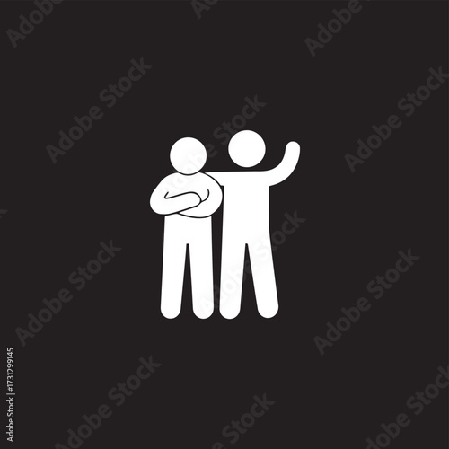 white stick-figure icon of two people on a black background. One figure has their arm around the other's shoulder, who has their arms crossed.