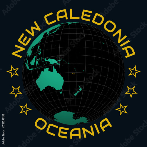 New Caledonia on Globe. Round country and continent name text. Country view on world map in Black Emerald color palette. New Caledonia shape on map. Appealing vector illustration.