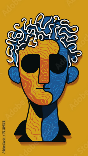 This vibrant abstract portrait features a stylized human face split into two contrasting color halves, with intricate swirled patterns adorning the hair and face. The left side of the face is dominate