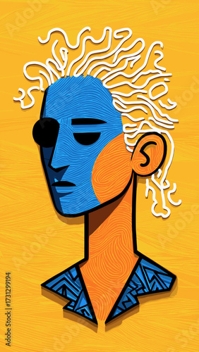 This vibrant abstract portrait features a stylized human face split into two contrasting color halves, with intricate swirled patterns adorning the hair and face. The left side of the face is dominate
