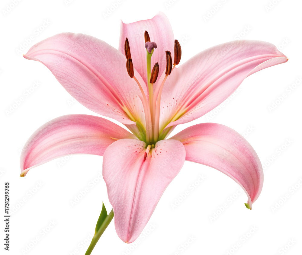 Naklejka premium Exquisite pink lily flower showcasing delicate petals and vivid hues on a pristine white backdrop