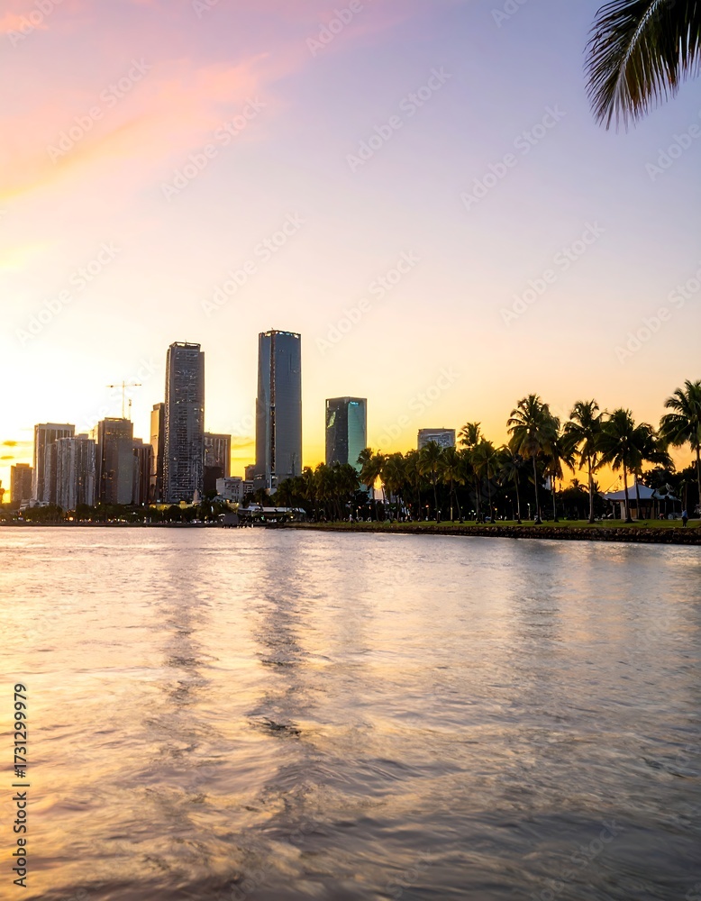 Obraz premium City skyline at sunset over water (6)