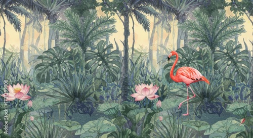 Watercolor Flamingo in Lush Tropical Jungle with Lotus Flowers.