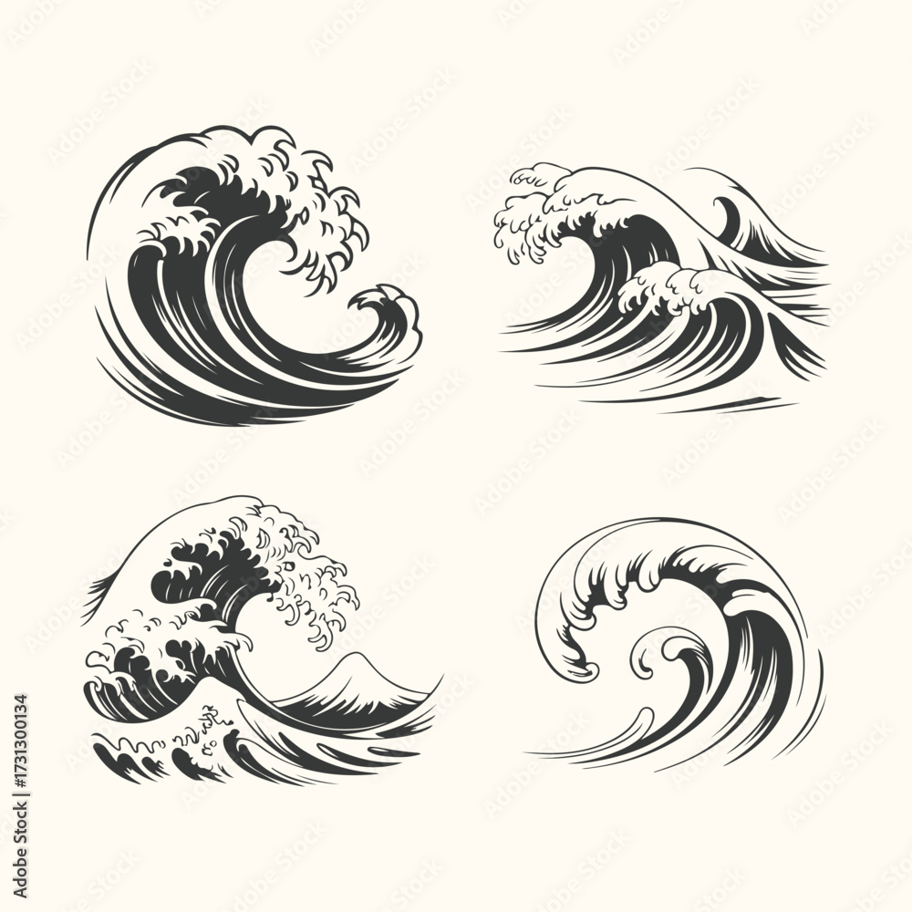 Fototapeta premium Vector art of a collection of four stylized illustrations of powerful ocean waves, rendered in a classic japanese woodblock print style, showcasing dynamic crests and turbulent water
