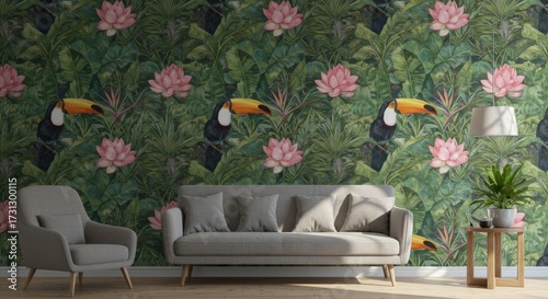 Tropical Toucans and Lotus Flowers Wallpaper with Furniture