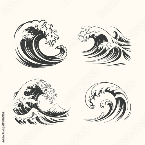 Vector art of a collection of four stylized illustrations of powerful ocean waves, rendered in a classic japanese woodblock print style, showcasing dynamic crests and turbulent water