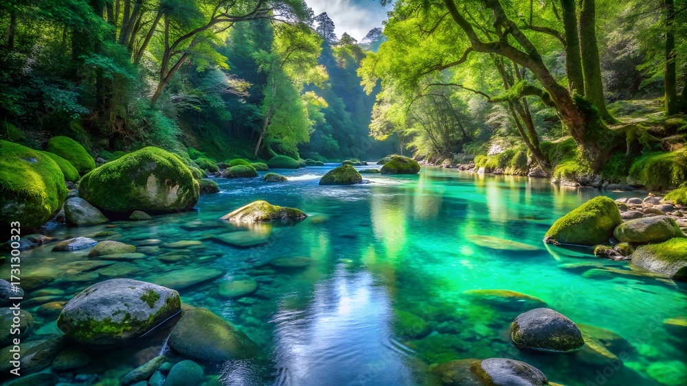 Fototapeta premium A vibrant, crystalclear river flows through a lush, green forest, with sunlight filtering through the dense canopy, illuminating mosscovered rocks and the turquoise water