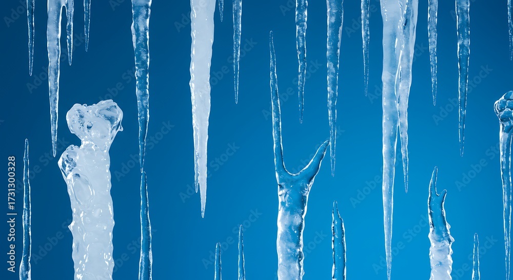 Fototapeta premium Close up of clear icicles hanging against a vibrant blue background