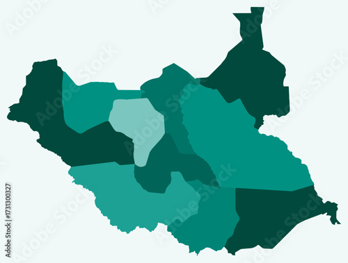 Map of South Sudan with regions. Just a simple country border map with region division. Teal color palette. Plain South Sudan shape with administrative division. Vector illustration.