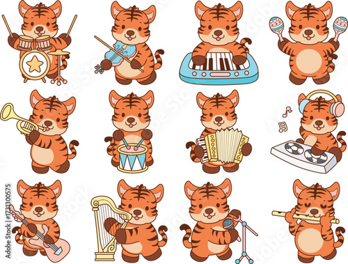 Illustrations of cute tiger character vector clip art for kids.