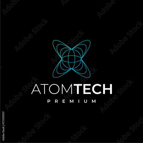 Atom molecule structure logo design. Molecular chemistry vector design. Scientific research 