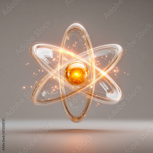3D Illustration of Atomic Structure with Electrons and Energy Sparks