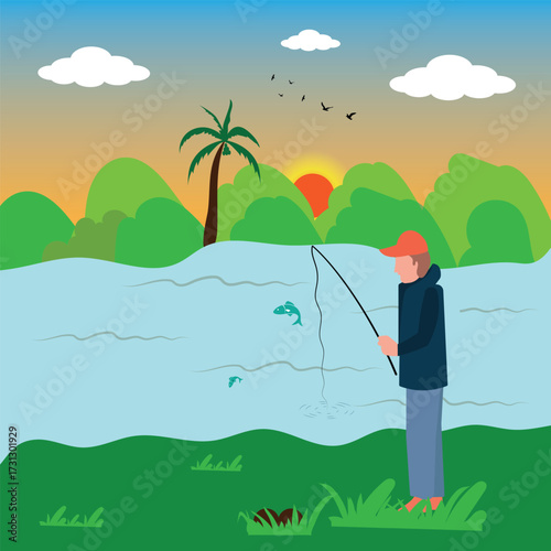 Fisherman fishing on the river with fishing hook. Fishiing background template with sunset. Sunset background template.