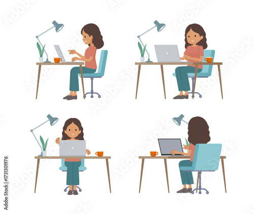 PCでデスクワークをしている褐色肌女性のセット
