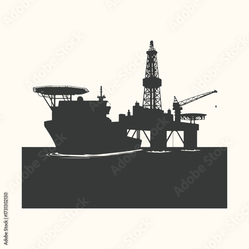Vector art of silhouette of an offshore oil rig and a support vessel at sea, representing the oil and gas industry and energy production in a stark, graphic style