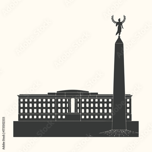Vector art of silhouette of a grand neoclassical building with a tall obelisk topped with a winged figure, representing victory or triumph, against a plain background