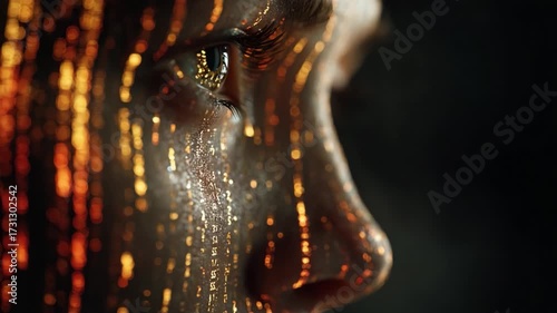 A superficial close-up of a beautifully illuminated face, featuring intricate patterns of shimmering golden light cascading down the skin, symbolizing the intersection of technology and humanity in a