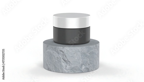Dark gray stone pedestal holds black cosmetic jar with silver lid