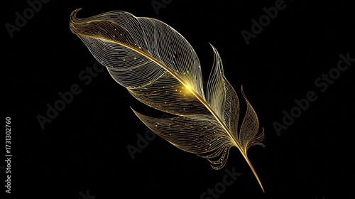 Elegant golden feather isolated on black background for design and decoration