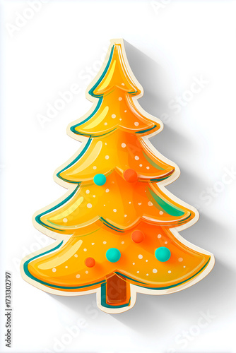 Cute Golden Christmas Tree Sticker Isolated on White Background