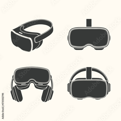 Vector art of collection of four black virtual reality headset icons, showcasing different designs and styles, isolated on a light background, representing immersive technology and gaming experiences