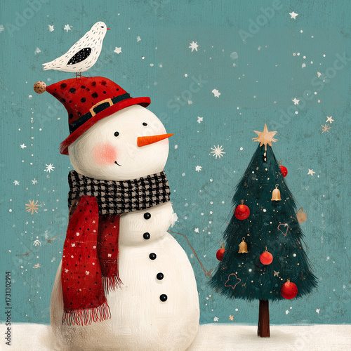 Festive Snowman and Christmas Tree Illustration