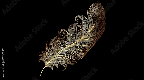 Golden feather illustration against black background decorative design element