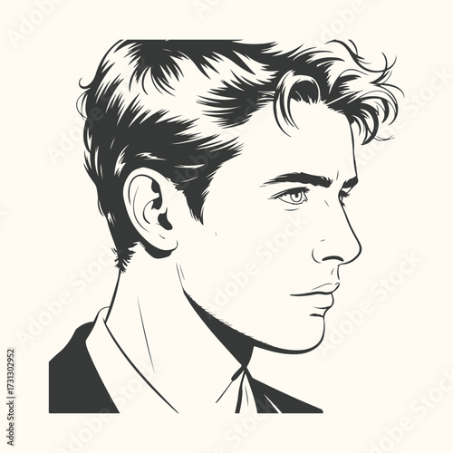 Vector art of vintage comic book style illustration of a handsome young man in profile, with meticulously drawn wavy hair and sharp features, captured in a classic black and white line art