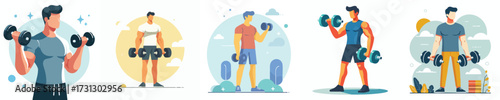 Strong Man Training with Dumbbells Vector Illustration