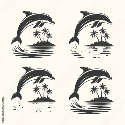 Vector art of four stylized illustrations of dolphins leaping out of the water near palm trees on a tropical island, presented in a grid layout, evoking a sense of summer fun and ocean adventure