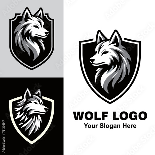 Wolf shield logo suitable for branding, security companies, gaming teams. Powerful black shield with fierce wolf head emblem design.