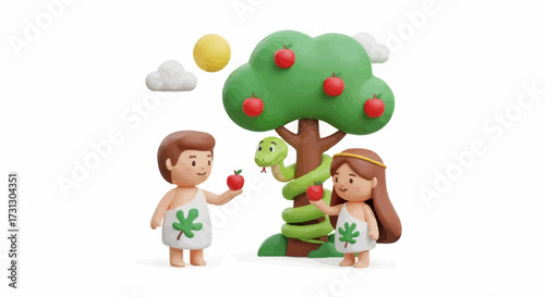 Adam and Eve tempted by snake with apple in Garden of Eden 3D rendering