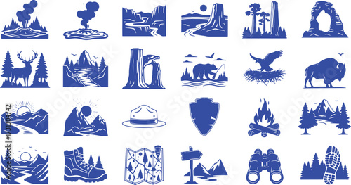 Vector icon set in a woodcut style representing National Parks and outdoor adventure.