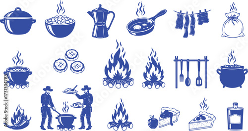Vector icon set in a woodcut style depicting cowboy and chuckwagon cooking.