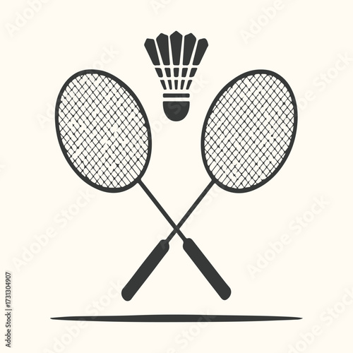 Vector art of a minimalist illustration of two crossed badminton rackets and a shuttlecock, symbolizing the sport and its equipment, presented in a simple, graphic style against a neutral background