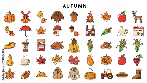 Autumn Icon Set with Seasonal Symbols – Flat Illustrative Design on White Background