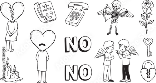 Broken Heart Sad Person Cupid Rose Telephone and Candles Doodle Collection skeleton bow and arrow