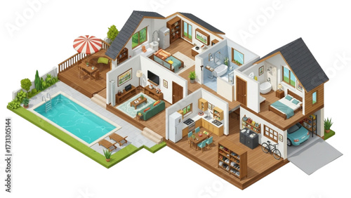 Isometric Cutaway Illustration of Modern Suburban House – Interior Rooms, Swimming Pool, Garage, Kitchen, Living Room, Bedroom