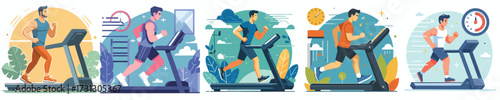 Man Running and Jogging on Treadmill Gym Training Vector Illustration