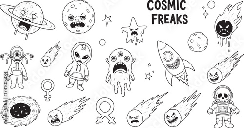 Cosmic Freaks Space Doodles Planets Aliens Rocket and Comets Collection vector illustration