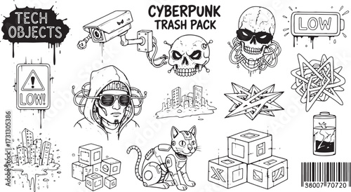 Cyberpunk Trash Pack Tech Objects Skull Robot Cat and Cityscape Doodles security camera