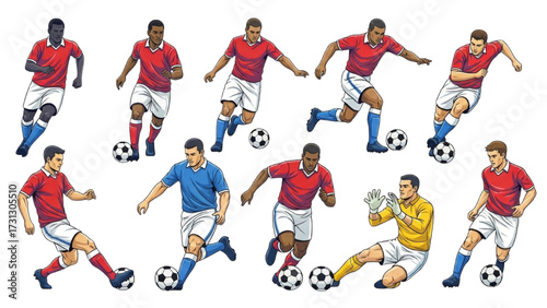 Dynamic Soccer Player Illustrations – Action Poses with Goalkeeper, Dribbling, Kicking, Tackling in Retro Vector Style
