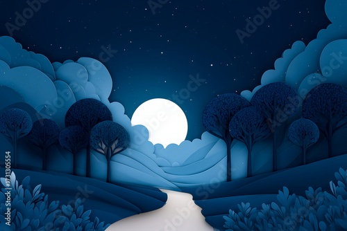 Moonlit Paper Cut Forest Landscape with Full Moon and Night Sky