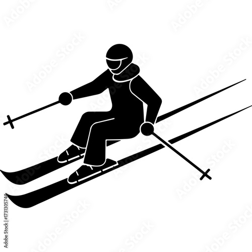 Skier in warm clothes and a protective helmet quickly descends down a slope. Engraving minimalistic vector in black ink drawing on transparent background
