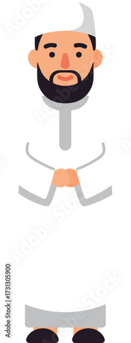 Cartoon illustration of a man wearing a white thobe and kufi, with hands clasped in front of him.