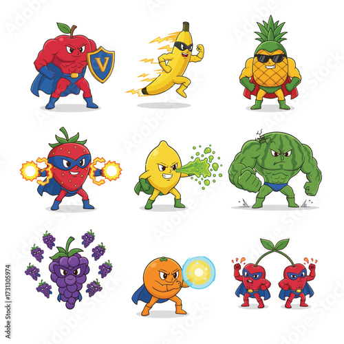 Cartoon illustration of fruit superheroes: apple, banana, pineapple, strawberry, lemon, watermelon, grapes, orange, and cherries.